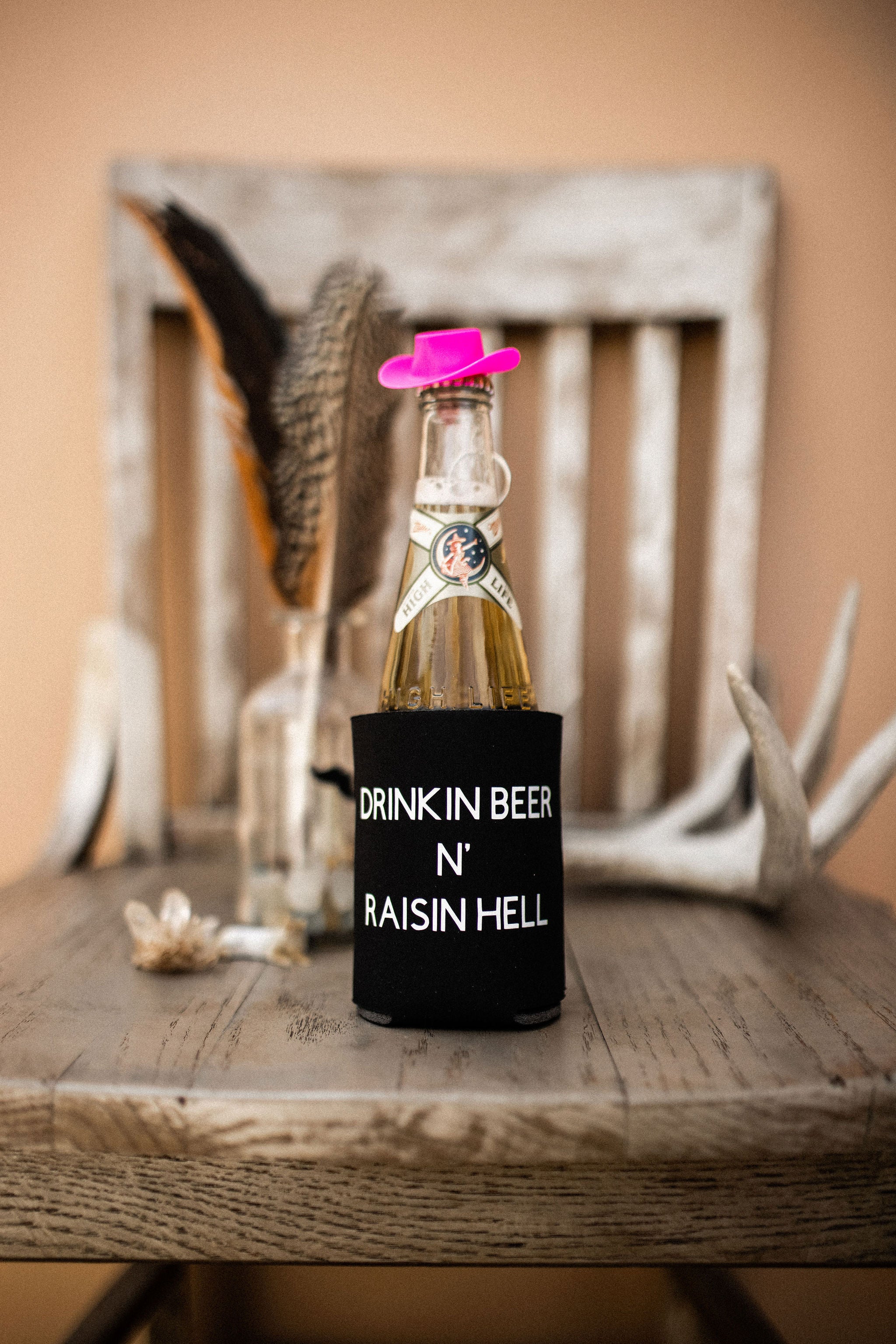 Drinkin Beer N’ Raisin Hell- Can Holder